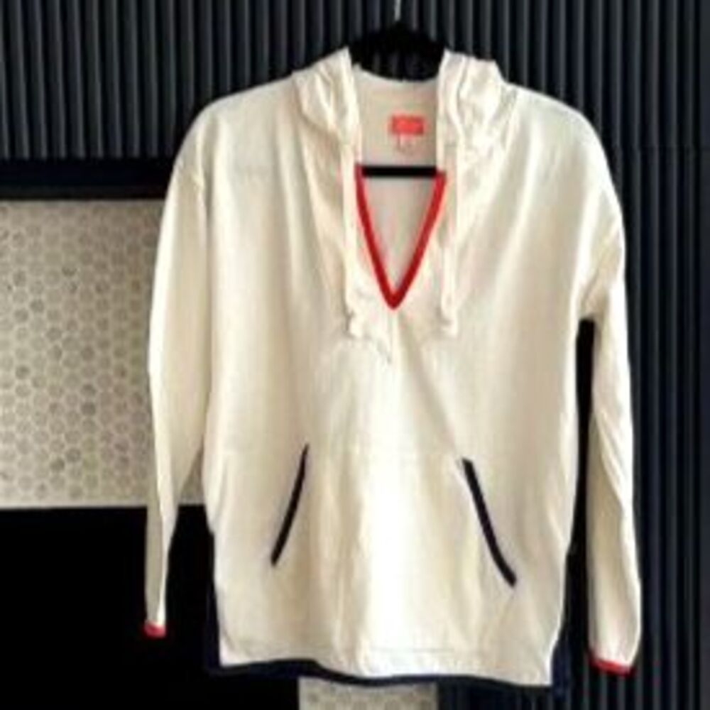 J.Crew Weekend Tipped V-Neck Mariner Cloth Beach Hoodie Ivory Orange Navy XS